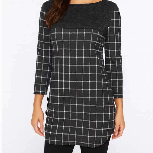 Dolce Bianca brand gray Window pane sheath dress 3/4 sleeve SZ SM - Picture 1 of 8